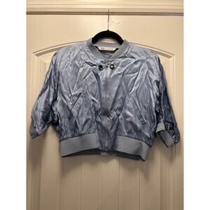 Zara Women’s Glossy Full Zip Cropped Jacket Size M Blue Lightweight Shinny Satin